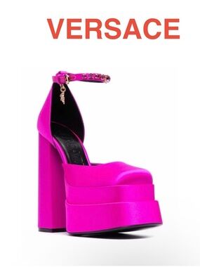 Versace Aevitas Platform Pumps Hot Pink, with Medusa Head Jeweled Ankle Strap